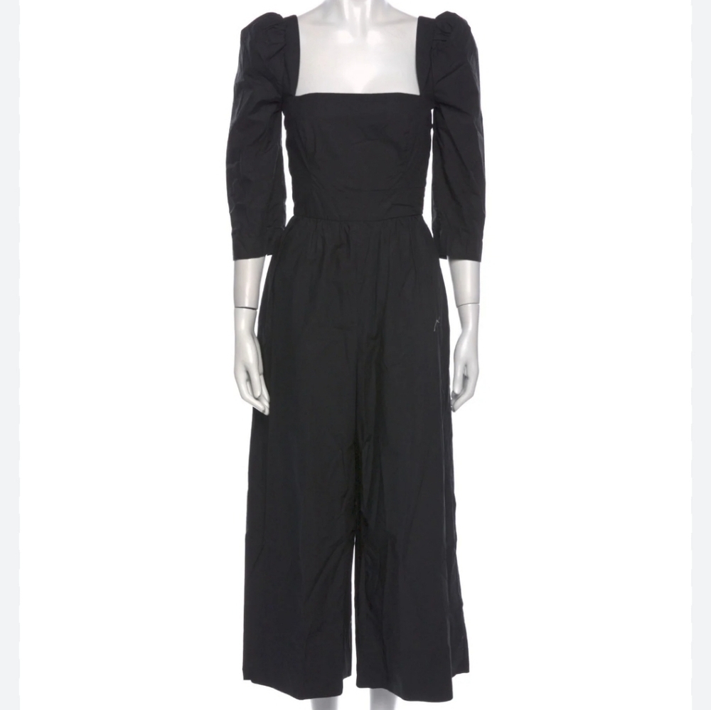 Cara Cara Square Neckline Black Jumpsuit Puff Sleeve Poplin Cotton Size 8